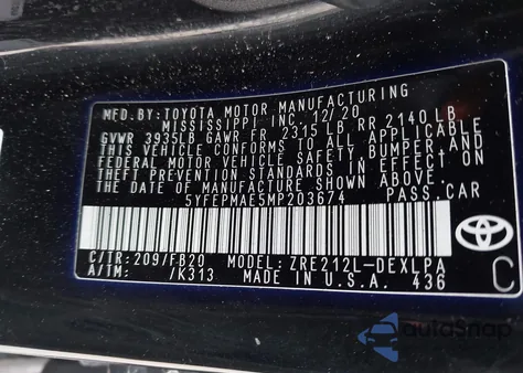 2021 Toyota Corolla Le from USA, damaged, VIN 5YFEPMAE5MP203674